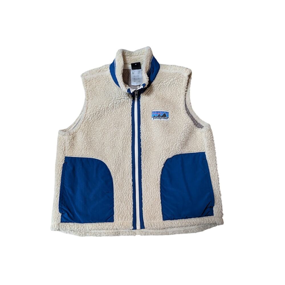 Patagonia Kids Cream Sherpa Blue Pockets Retro Pile Full Zip Up Vest Size Small